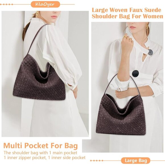 Women’s Faux Suede Hobo Tote Bag Large Brown Travel Crossbody Purse - Picture 2 of 6